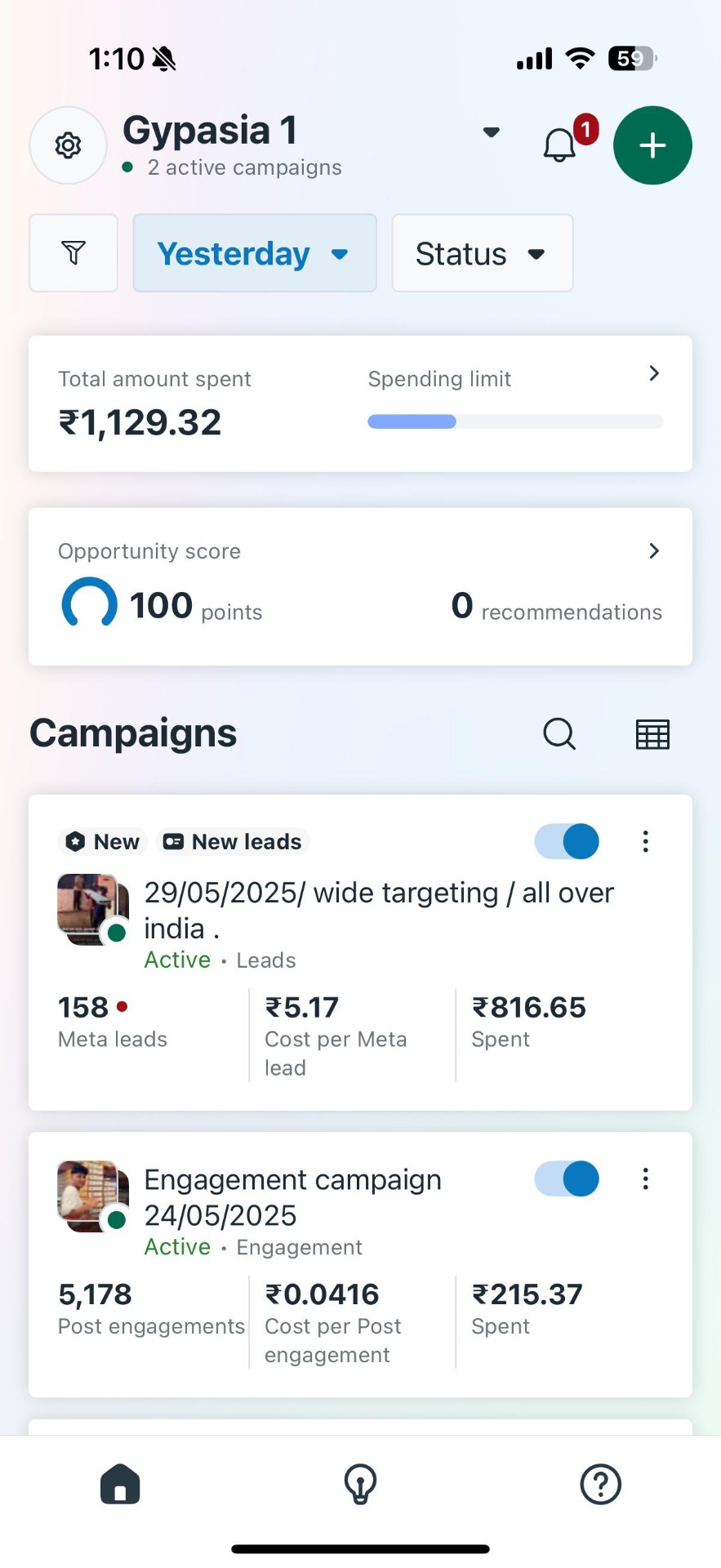 Meta Ads dashboard — 158 leads