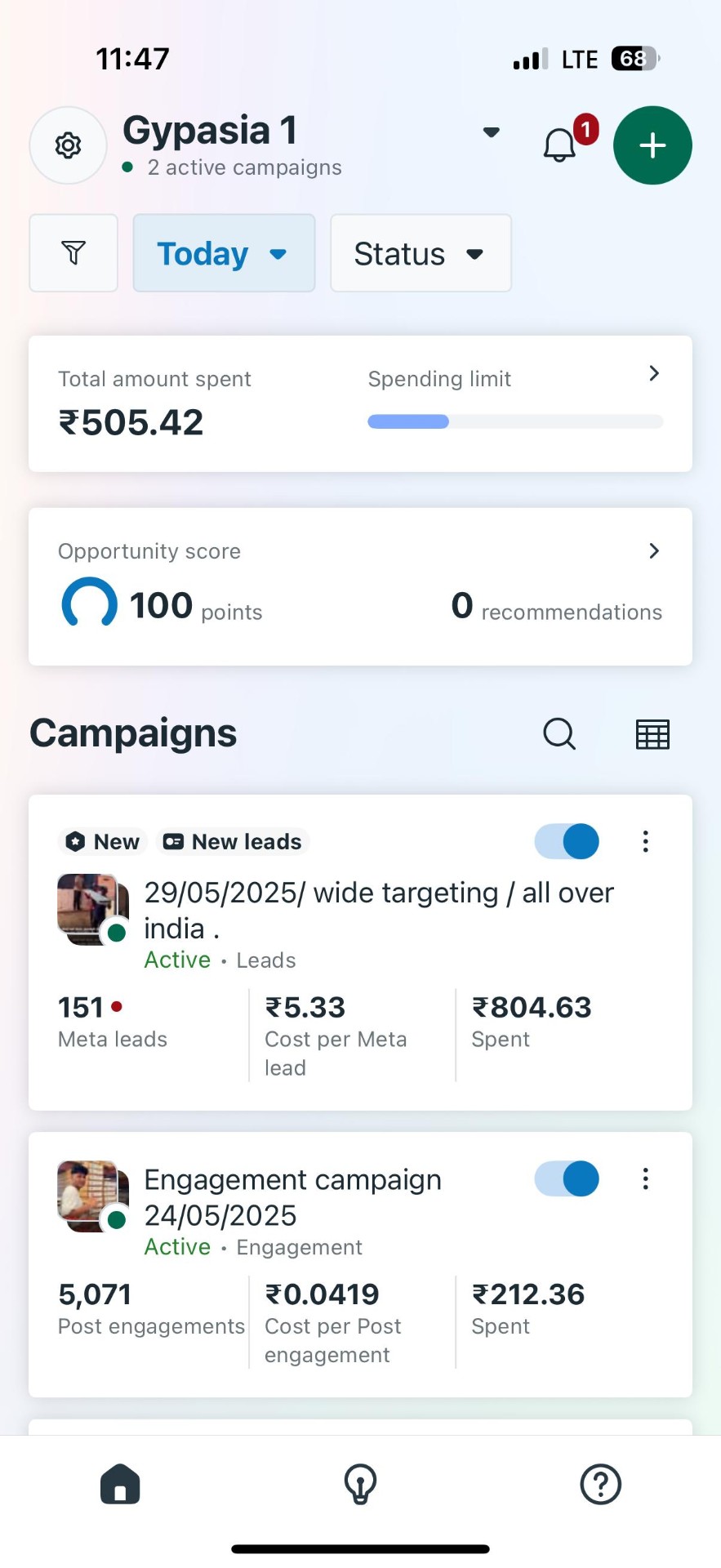 Meta Ads dashboard — 151 leads