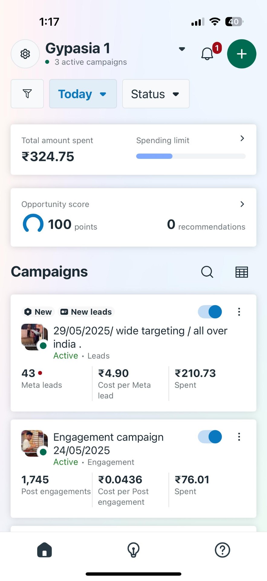 Meta Ads dashboard — 43 leads